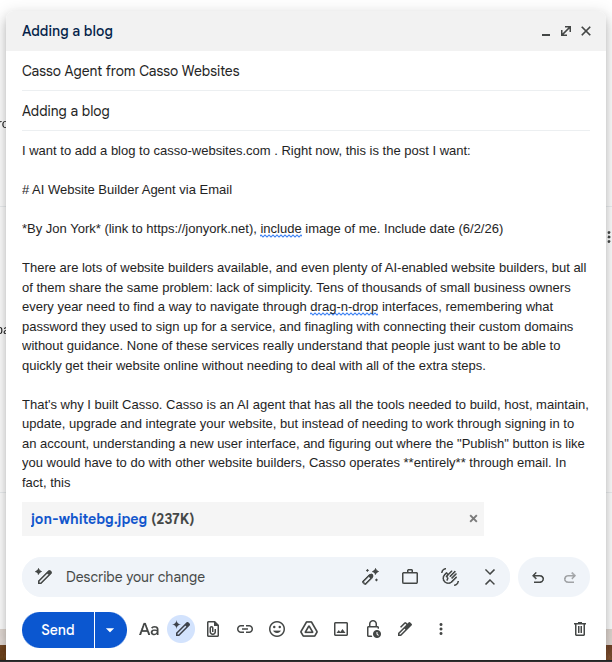 An email draft requesting that Casso publish this blog post