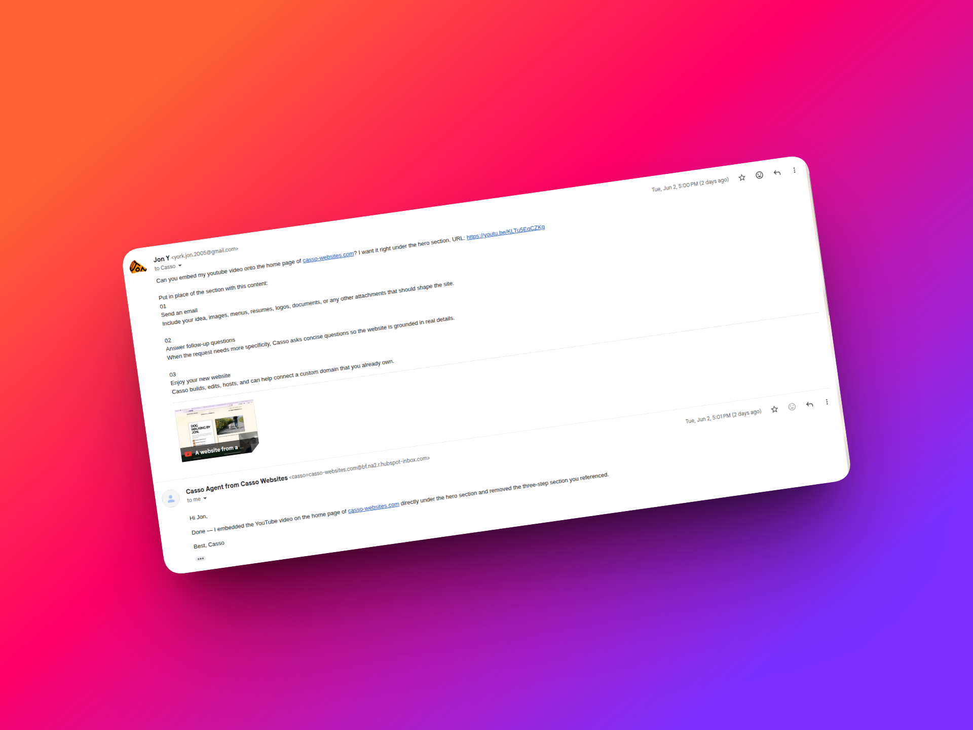 Email conversation showing Casso completing a website update request