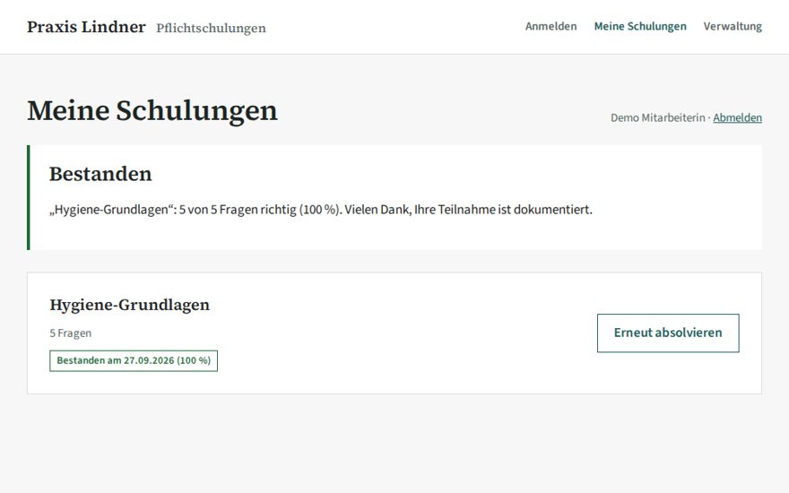 Praxis Lindner Pflichtschulungen, a demo app built by the Casso agent