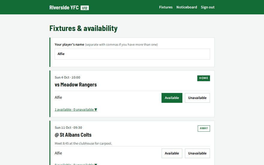 Riverside YFC Under-12s, a demo app built by the Casso agent