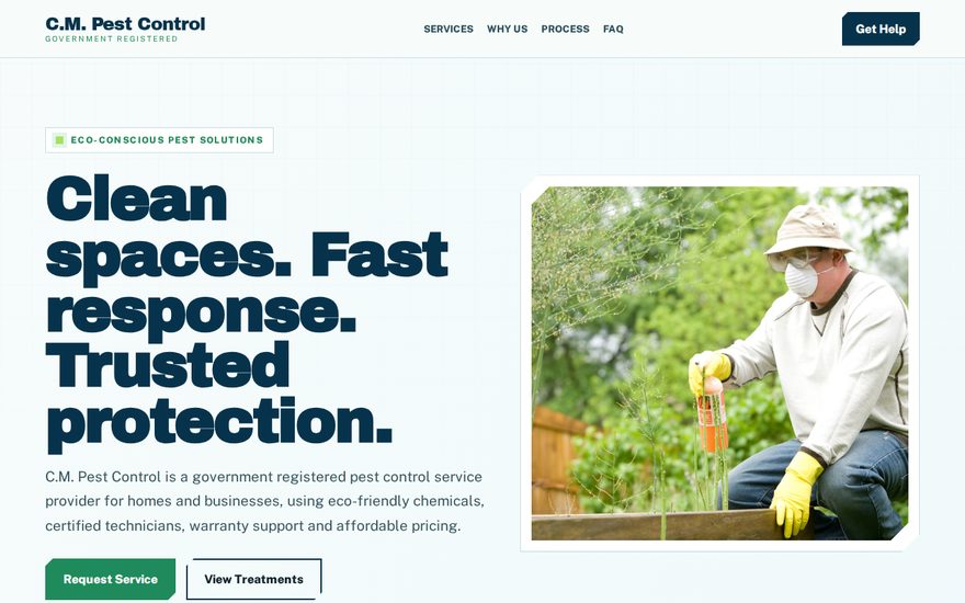 Homepage of C.M. Pest Control, a website built by Casso