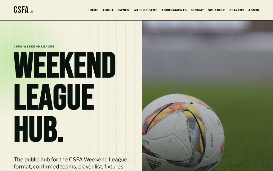Homepage of CSFA Weekend League, a website built by Casso