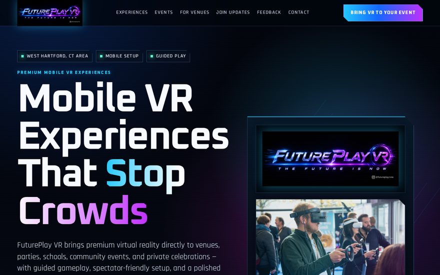 Homepage of FuturePlay VR, a website built by Casso
