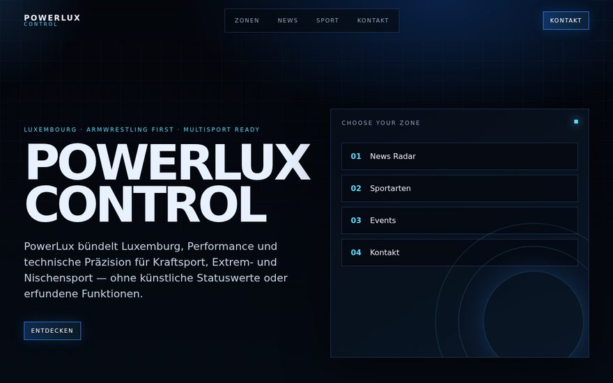 Homepage of PowerLux, a website built by Casso